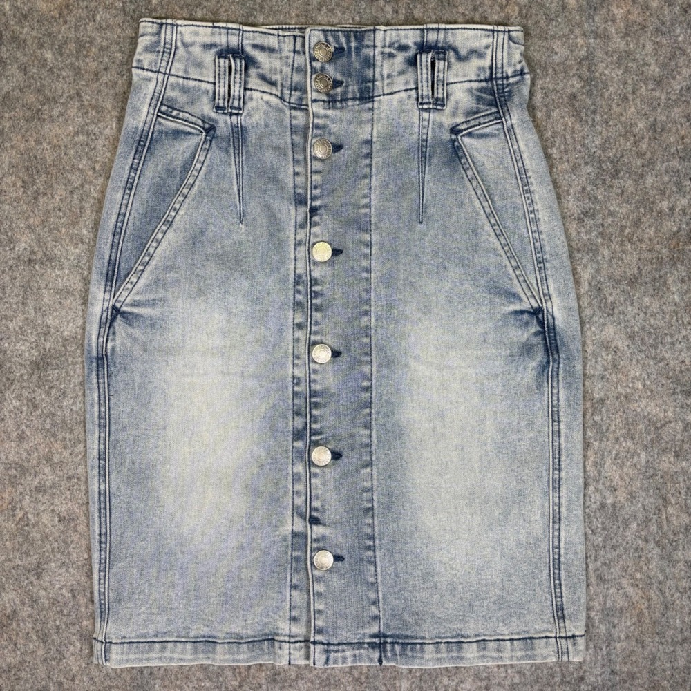 Esqualo‎ Button Front Denim Skirt Size 4 Blue Acid Wash High Rise SP23.12008 NWT